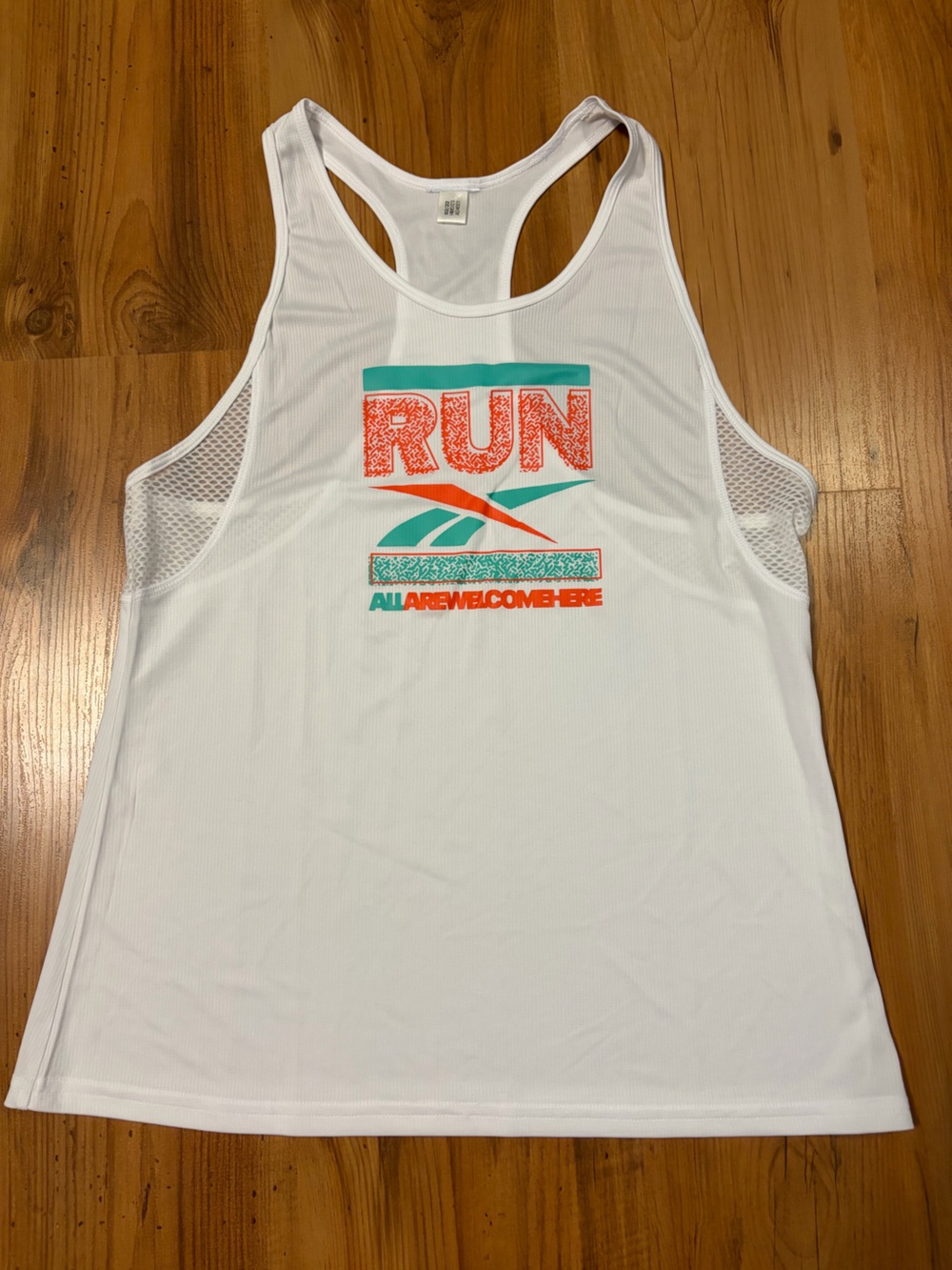 Reebok White Tank Top with Teal and Orange RUN Graphic